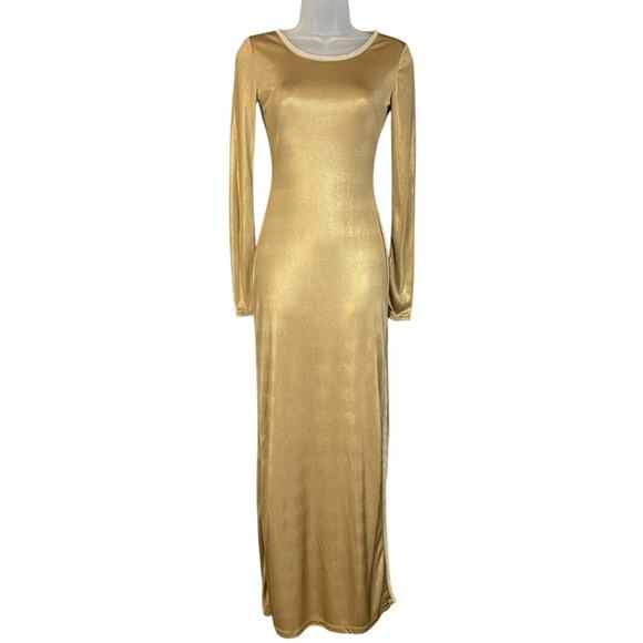BCBGMaxAzria Fresno Metallic Gold Long Sleeve Cocktail Maxi Dress Women's XS - Picture 2 of 4